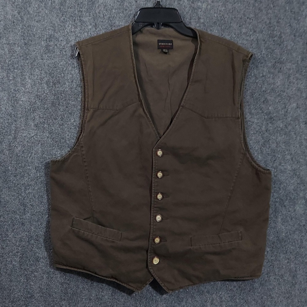 Structure Vest Mens XL Green Cotton Button Front Buckle Back Casual